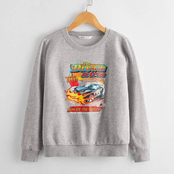 

Girls Slogan & Car Print Pullover, Light grey