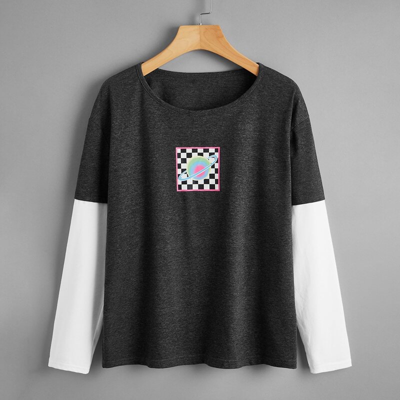 

Checkerboard Print 2 In 1 Tee, Dark grey