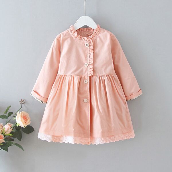 

Toddler Girls Frill Trim Eyelet Embroidery Hem Coat, Coral pink