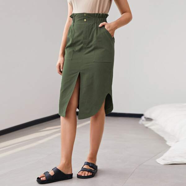 

Paperbag Waist Split Hem Skirt, Army green