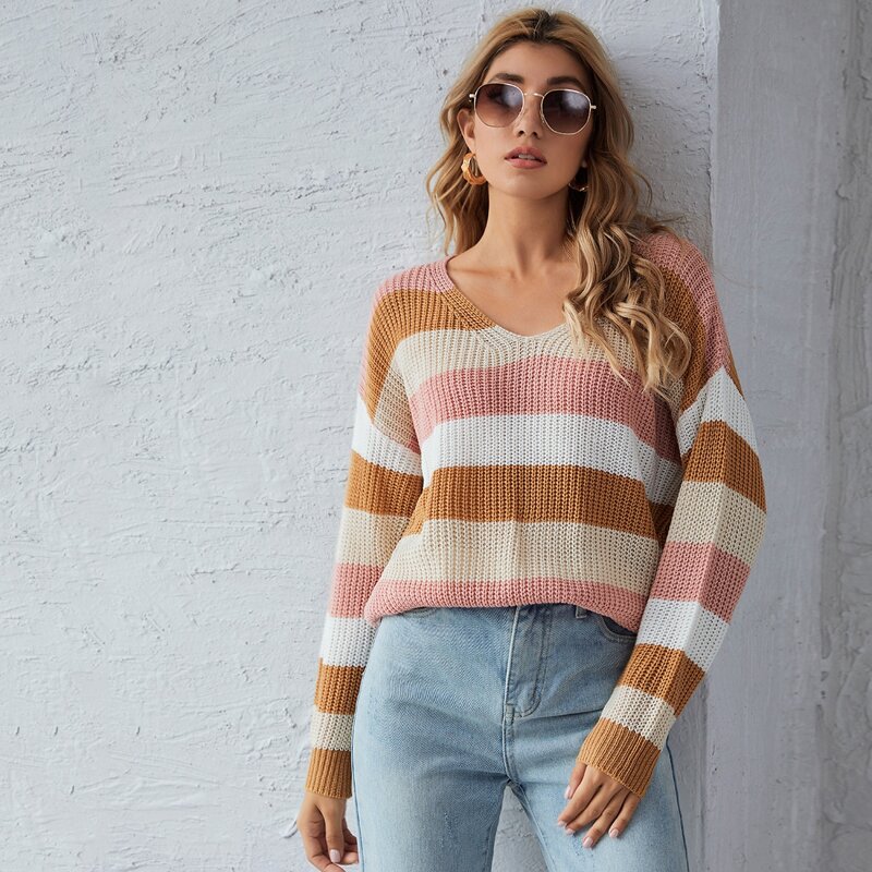 

Drop Shoulder Color Block Striped Sweater, Multicolor