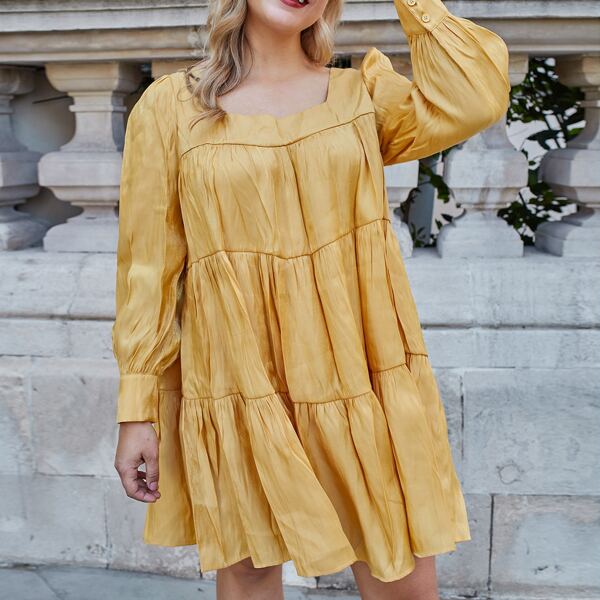 

Plus Buttoned Ruffle Hem Smock Dress, Yellow