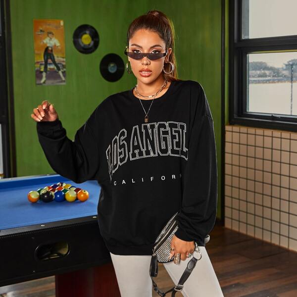 

Letter Graphic Drop Shoulder Sweatshirt, Black