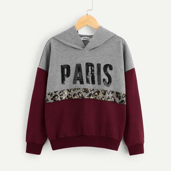 

Girls Color Block Drop Shoulder Contrast Sequin Hoodie, Multicolor