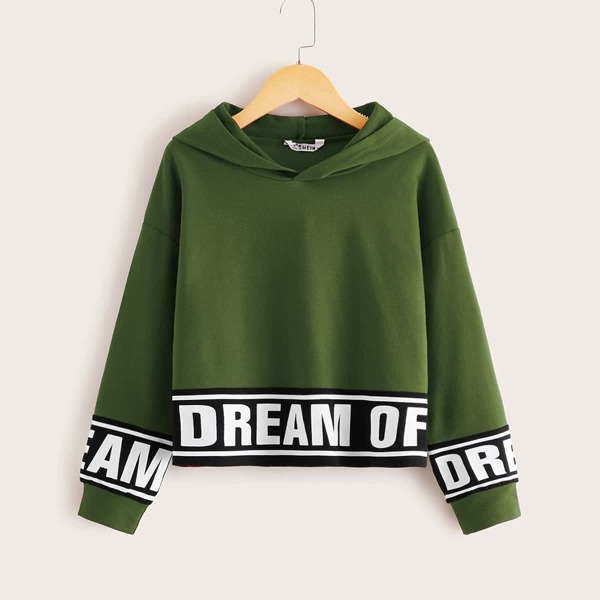 

Girls Letter Graphic Drop Shoulder Hoodie, Army green
