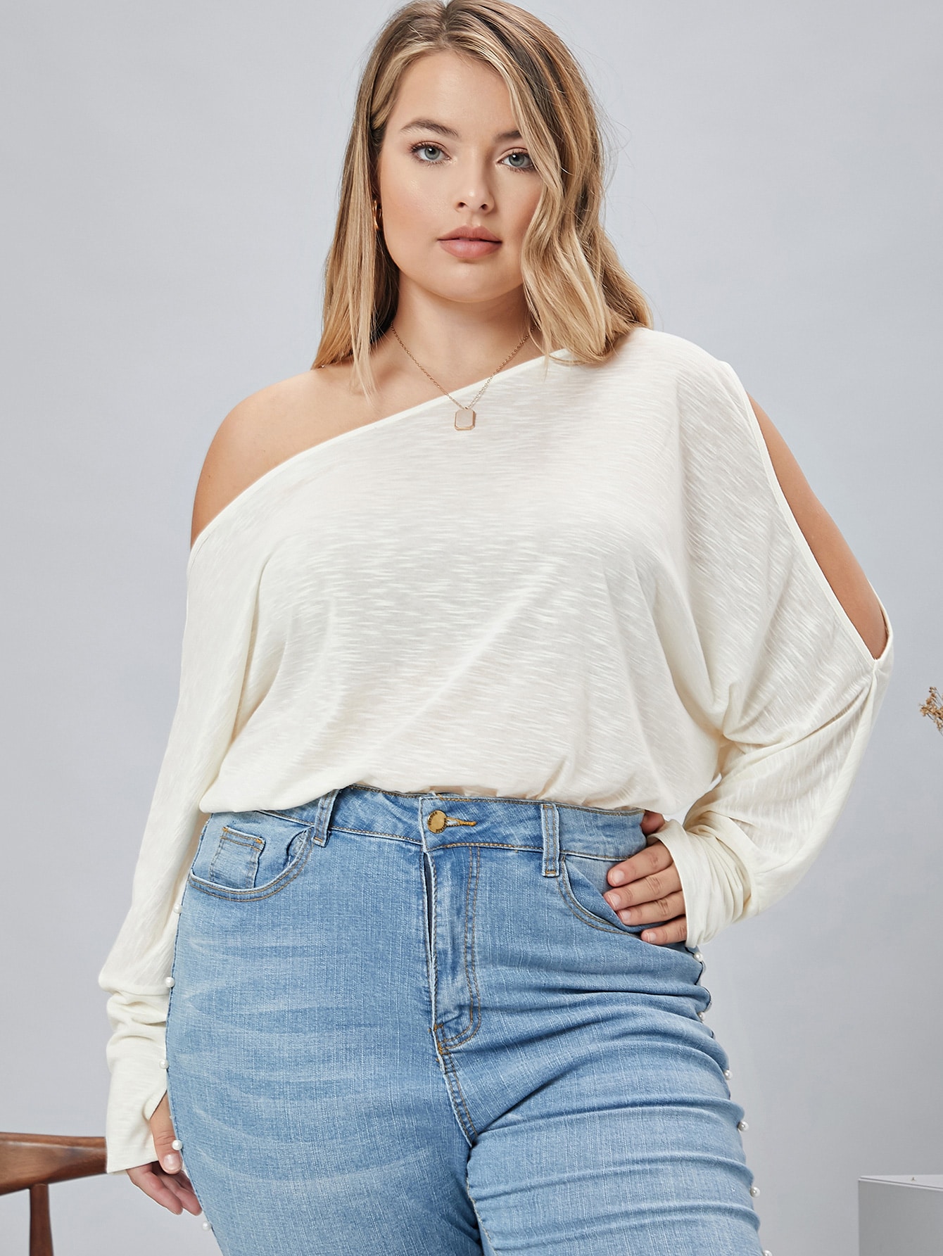 Plus Cutout One-Shoulder Slub Knit Tee thumbnail