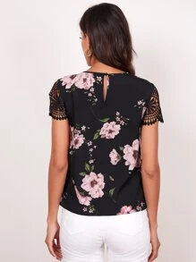SHEIN Clasi Floral Print Lace Short Sleeve Top - Multicolor - View 2