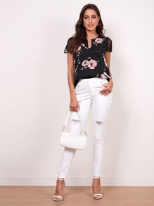 SHEIN Clasi Floral Print Lace Short Sleeve Top - Multicolor - View 3