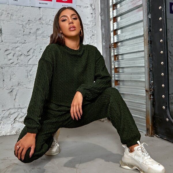 

Solid Drop Shoulder Sweatshirt & Sweatpants, Dark green