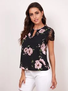 SHEIN Clasi Floral Print Lace Short Sleeve Top - Multicolor - View 4