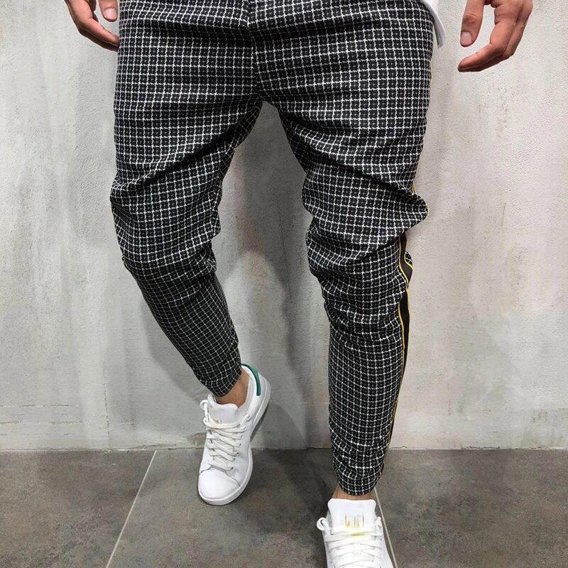 

Guys Plaid And Striped Tape Side Drawstring Waist Pants, Black and white