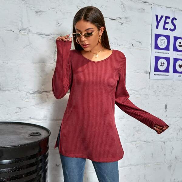 

Split Side Waffle Knit Tee, Burgundy