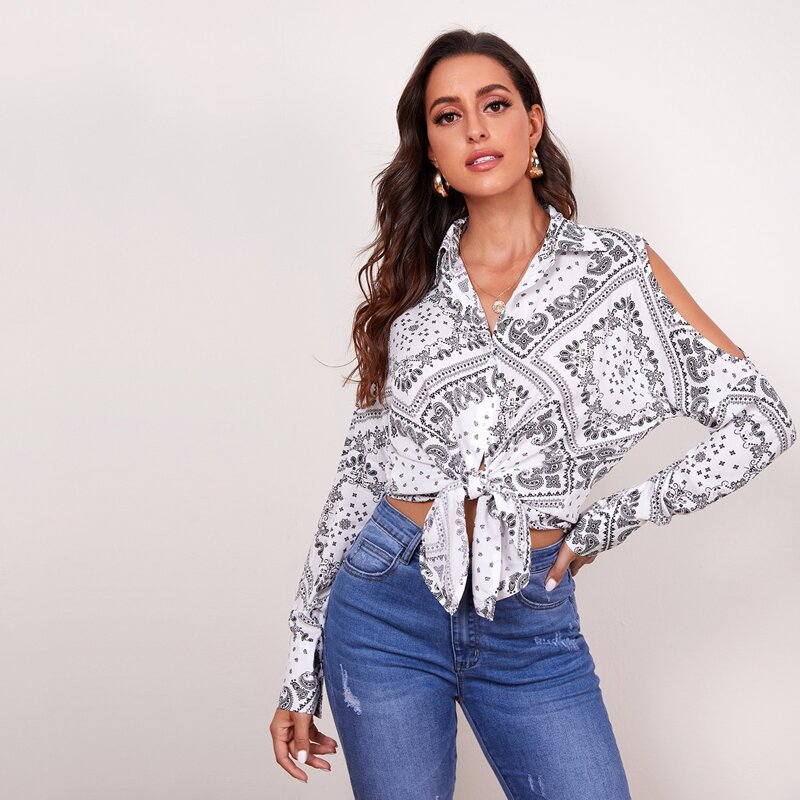 

Cut Out Shoulder Scarf Print Blouse, Black and white