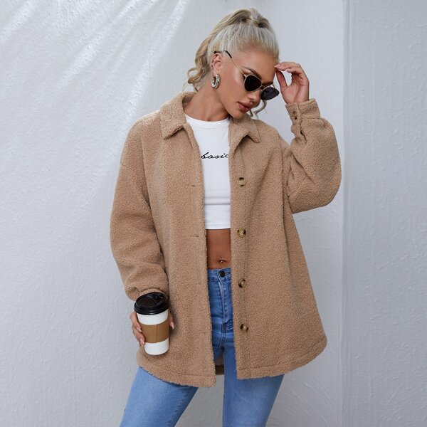 

Drop Shoulder Single Breasted Teddy Coat, Khaki