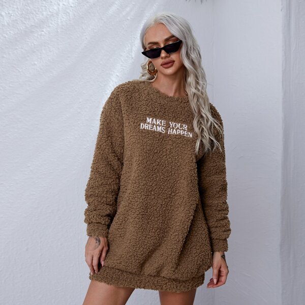 

Slogan Embroidery Teddy Sweatshirt Dress, Mocha brown