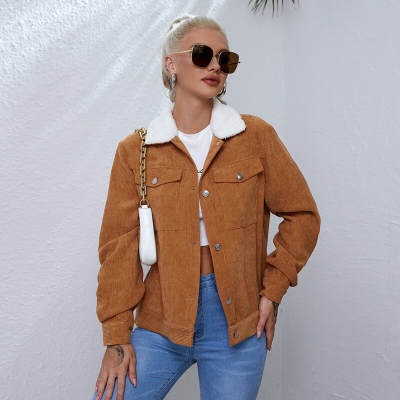 

Faux Shearling Trim Pocket Front Cord Jacket, Brown