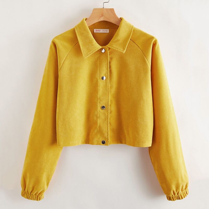 

Solid Button Front Crop Jacket, Mustard yellow