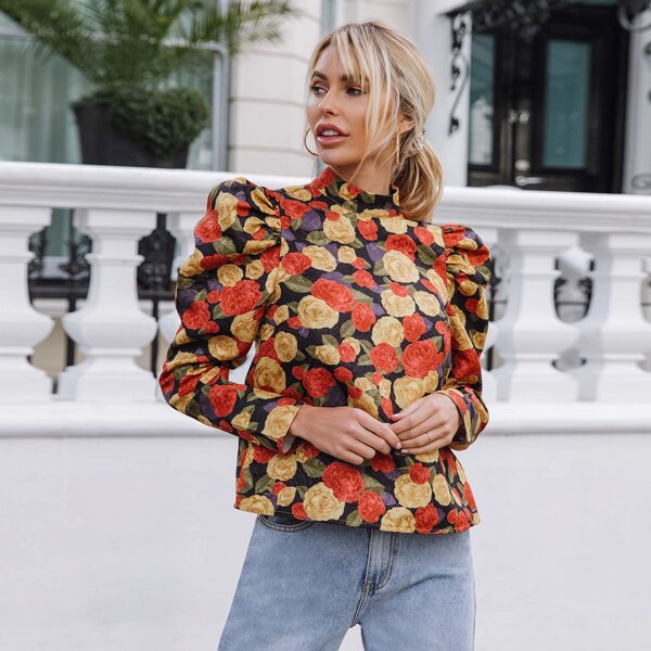 

Mock Neck Gigot Sleeve Floral Top, Multicolor