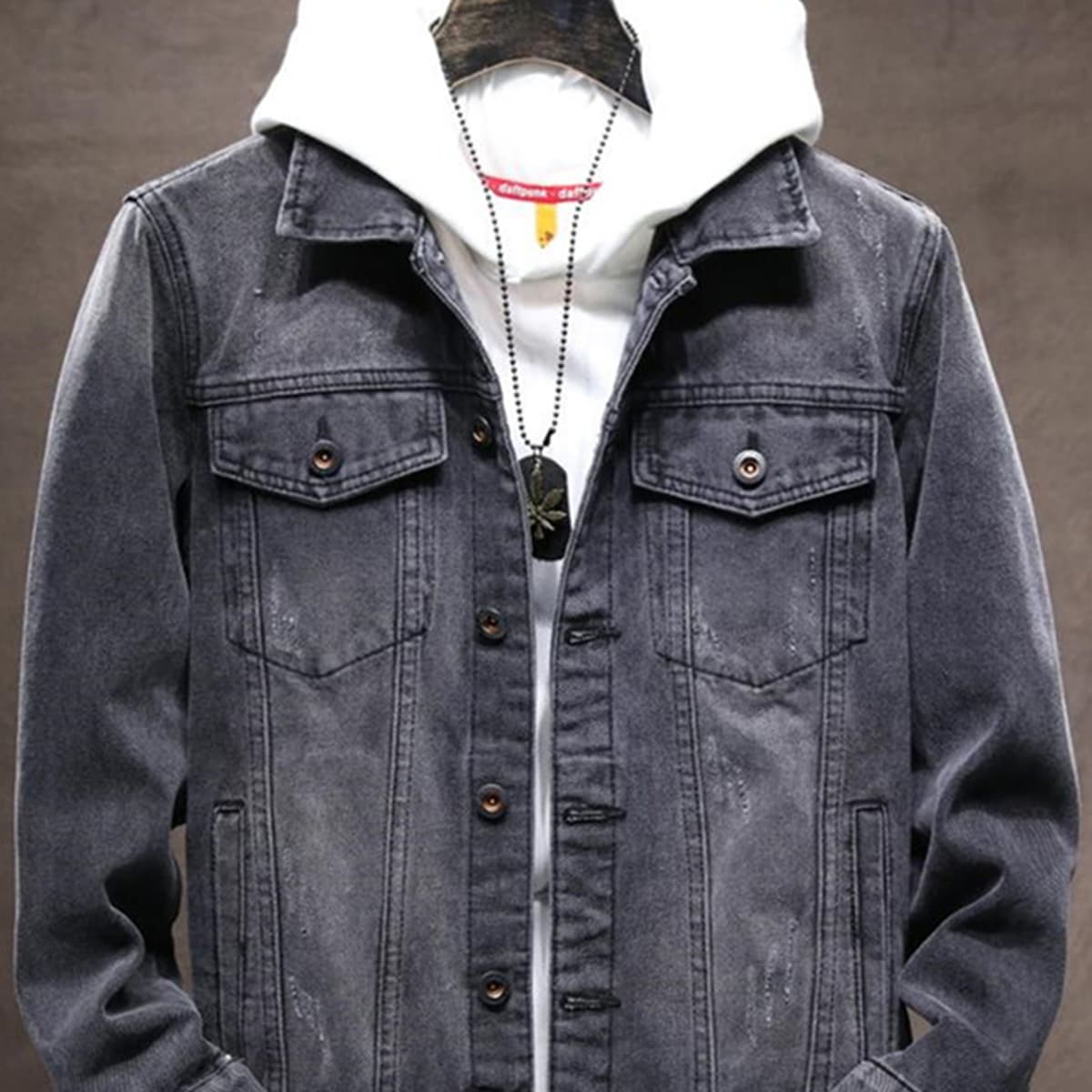 

Guys Single Breasted Flap Pocket Front Denim Jacket, Dark grey