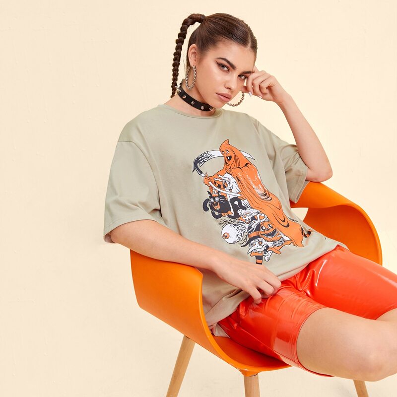 

Halloween Print Oversized Tee, Khaki