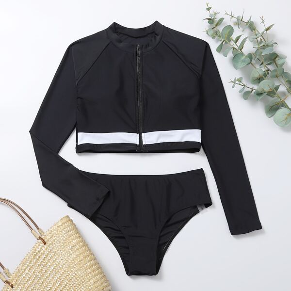 

Color Block Zip-up Bikini Swimsuit, Black