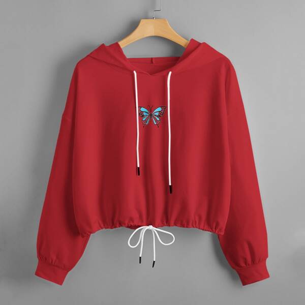 

Plus Butterfly Print Drawstring Hem Crop Sweatshirt, Burgundy
