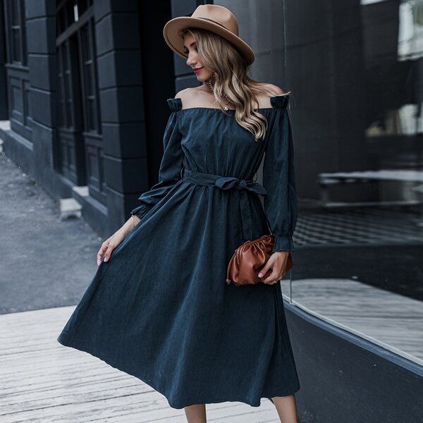 

Bardot Ruffle Trim Belted A-line Dress, Teal blue