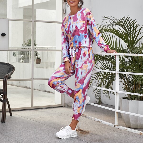 

Drop Shoulder Tie Dye Pullover & Sweatpants Set, Multicolor