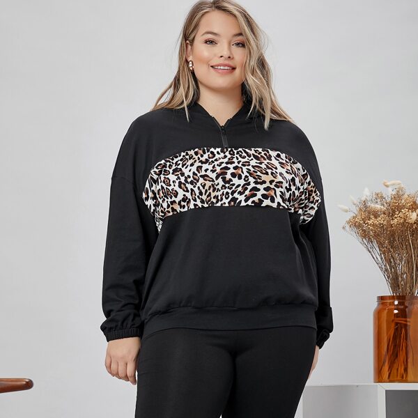 

Plus Leopard Panel Drop Shoulder Hoodie, Black