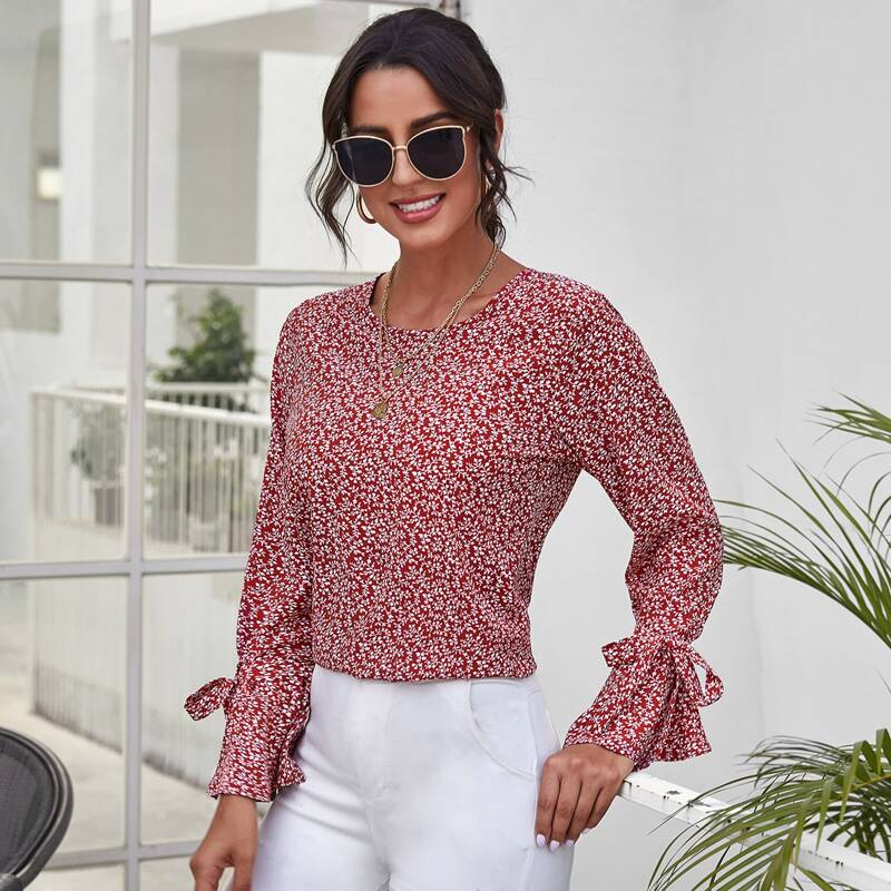 

Knotted Sleeve Plants Print Top, Red and white