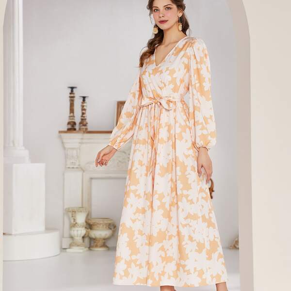 

Allover Floral Self Tie A-line Dress, Multicolor