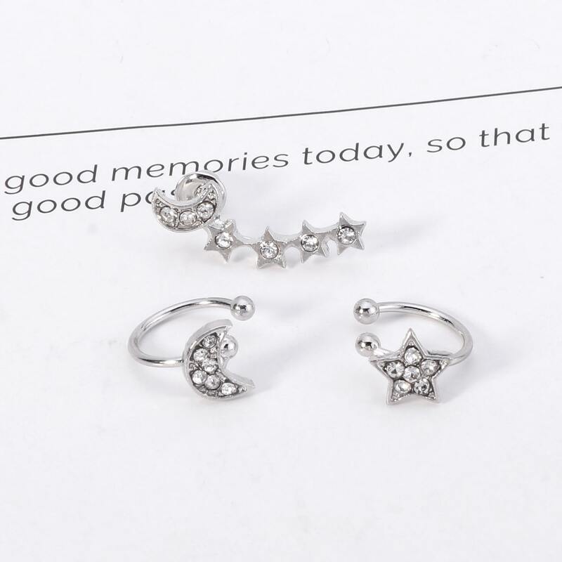 

3pcs Rhinestone Moon & Star Earrings, Silver