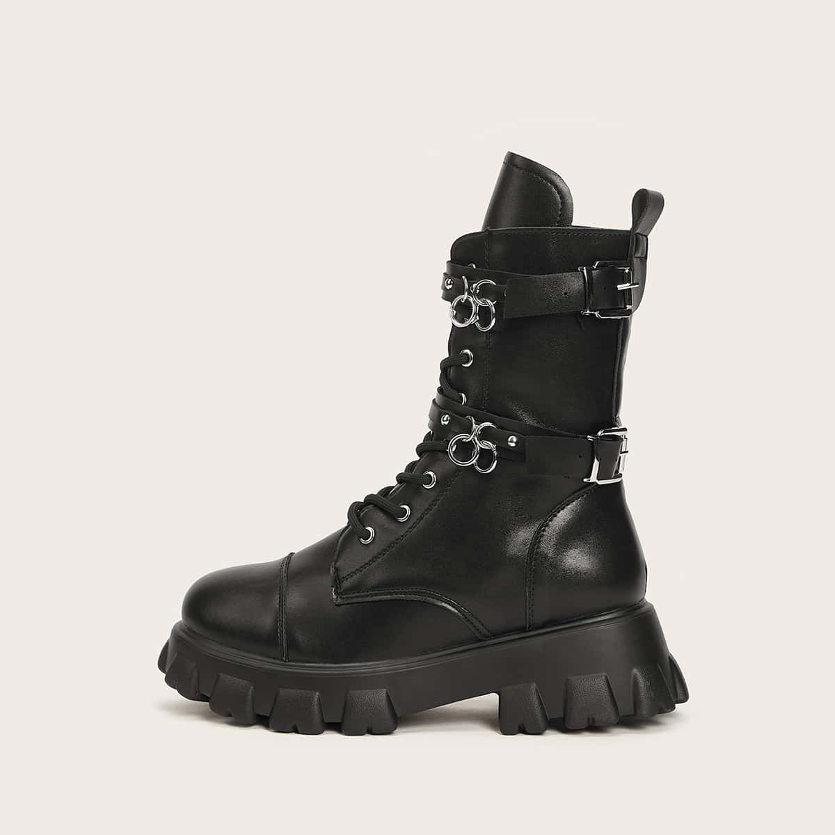

Ring Buckle Lace-up Combat Boots, Black