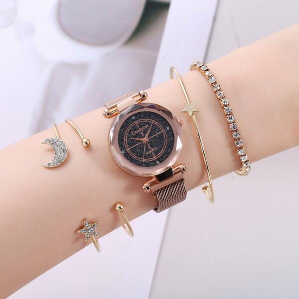 

1pc Quartz Watch With 4pcs Rhinestone Decor Bracelet