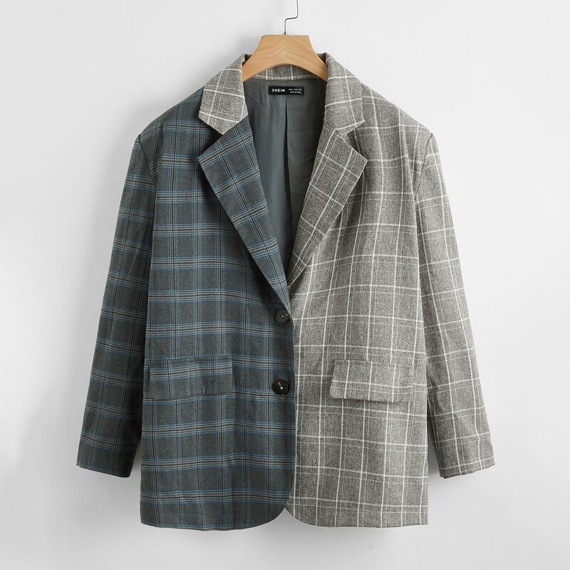 

Flap Detail Plaid Spliced Blazer Without Belt, Multicolor