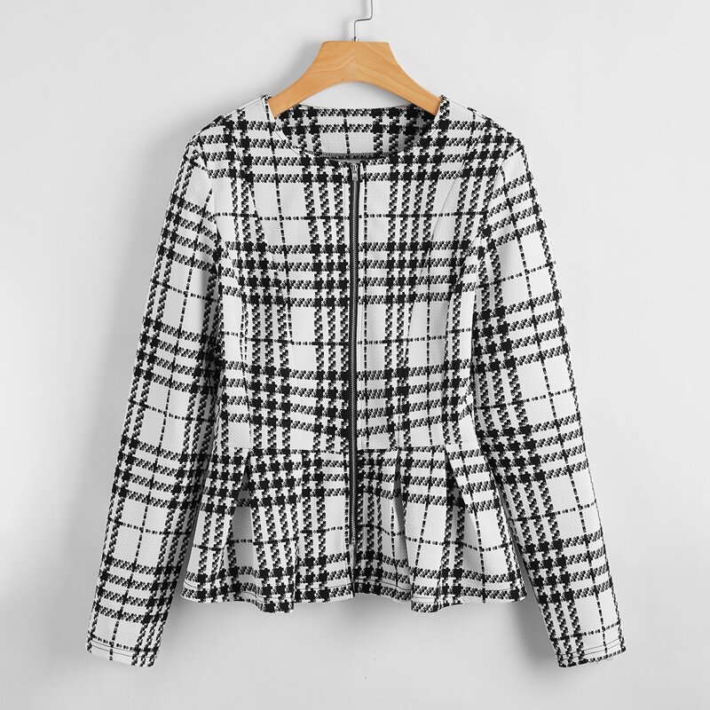 Zip Up Ruffle Hem Plaid Jacket, Black and white
