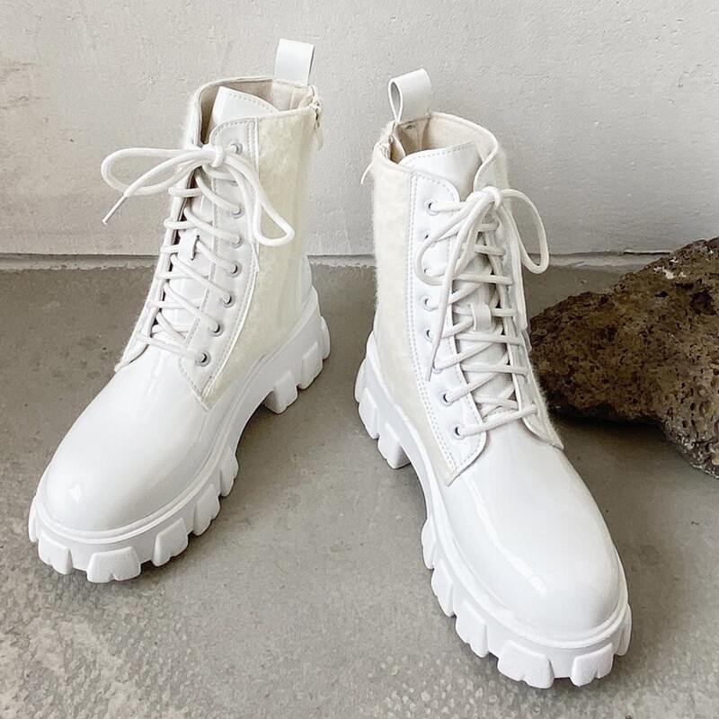 

Contrast Faux Fur Lace-up Combat Boots, White