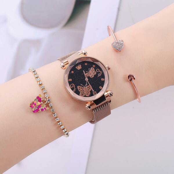 

1pc Butterfly Dial Watch With 2pcs Rhinestone Decor Bracelet
