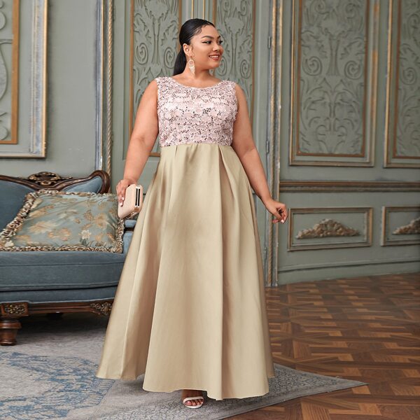 

Plus Colorblock Contrast Sequin A-line Dress, Champagne