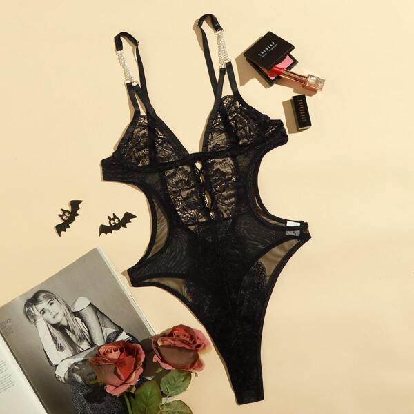 

Floral Lace Cut-out Teddy Bodysuit, Black
