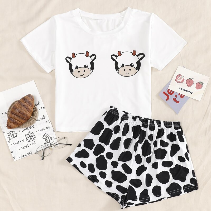 

Cartoon Cow Print Pajama Set, Black and white
