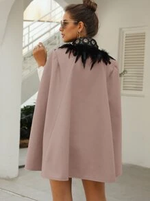 SHEIN LUNE Contrast Feather Tweed Cape Coat - Dusty Pink - View 2
