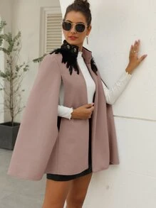 SHEIN LUNE Contrast Feather Tweed Cape Coat - Dusty Pink - View 4