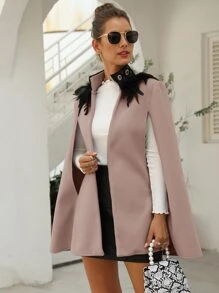 SHEIN LUNE Contrast Feather Tweed Cape Coat - Dusty Pink - View 5