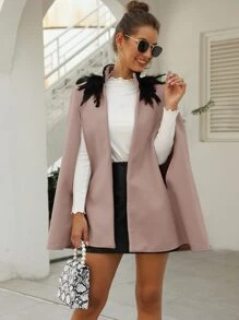 SHEIN LUNE Contrast Feather Tweed Cape Coat - Dusty Pink - View 6