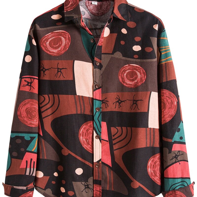 

Guys Tribal Print Curved Hem Shirt, Multicolor