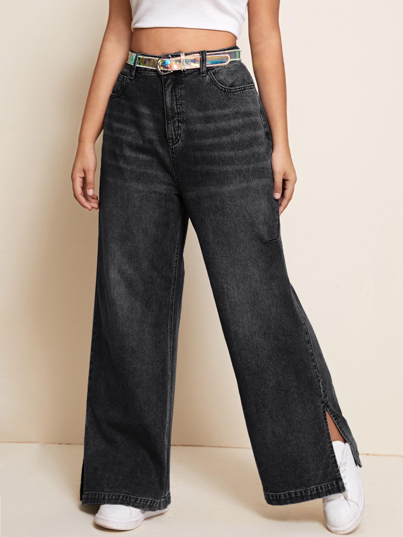 Plus Split Hem Wide Leg Jeans Without Belt thumbnail
