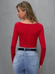 SHEIN Ruched Bust Solid Crop Top - Red - View 2