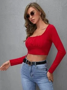 SHEIN Ruched Bust Solid Crop Top - Red - View 5