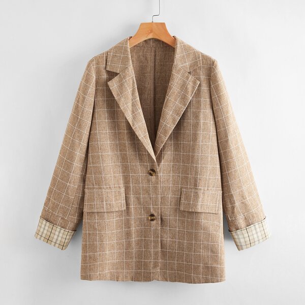 

Plaid Lapel Neck Ticket Pocket Blazer, Mocha brown